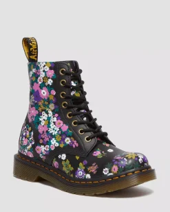 Sale|Ankle Boots>Dr. Martens 1460 Pascal Women's Vintage Floral Leather Lace Up Boots BLACK+MULTI — Vintage Floral Backhand