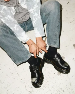 Platform Shoes|Shoes>Dr. Martens 1461 Piercing Milled Nappa Leather Platform Shoes Black — Milled Nappa