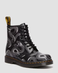 Originals|Ankle Boots>Dr. Martens 1460 Serpent Print Leather Lace Up Boots BLACK — Wild Serpent Smooth