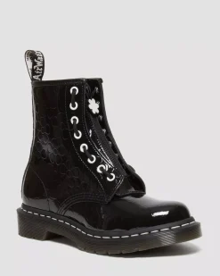 Glitter & Patent Boots>Dr. Martens 1460 Women's Flower Emboss Patent Leather Lace Up Boots Black
