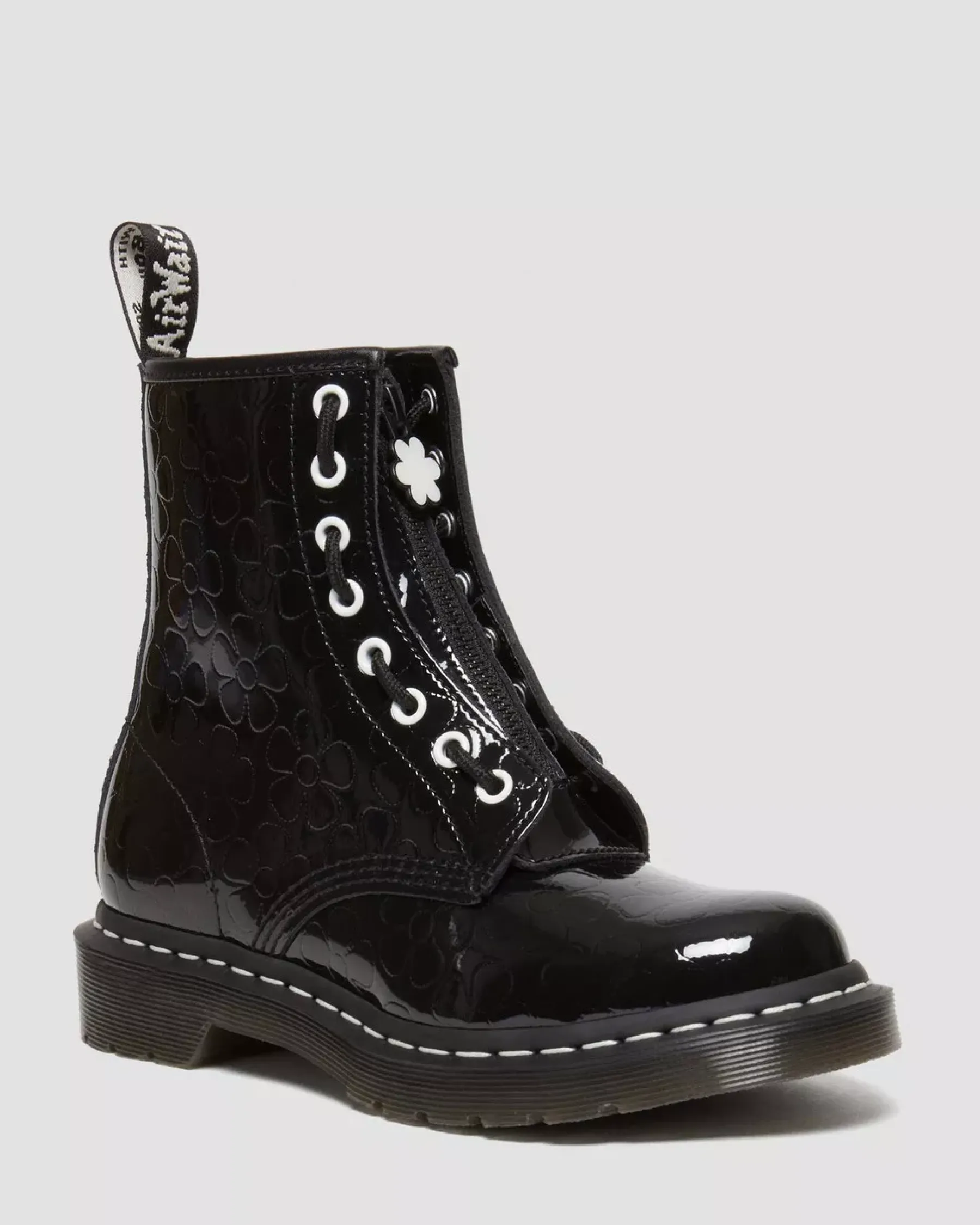 Glitter & Patent Boots>Dr. Martens 1460 Women's Flower Emboss Patent Leather Lace Up Boots Black
