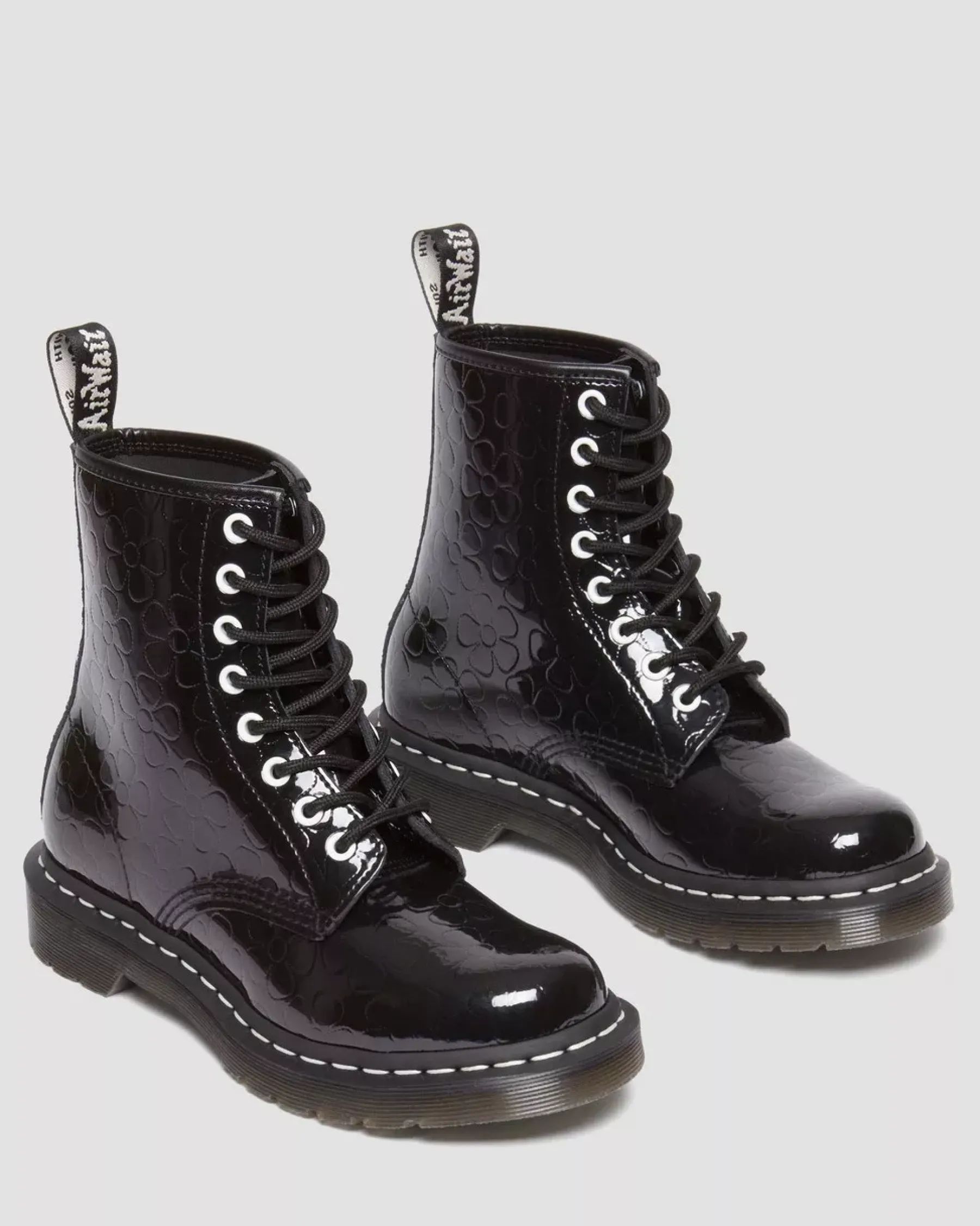 Glitter & Patent Boots>Dr. Martens 1460 Women's Flower Emboss Patent Leather Lace Up Boots Black