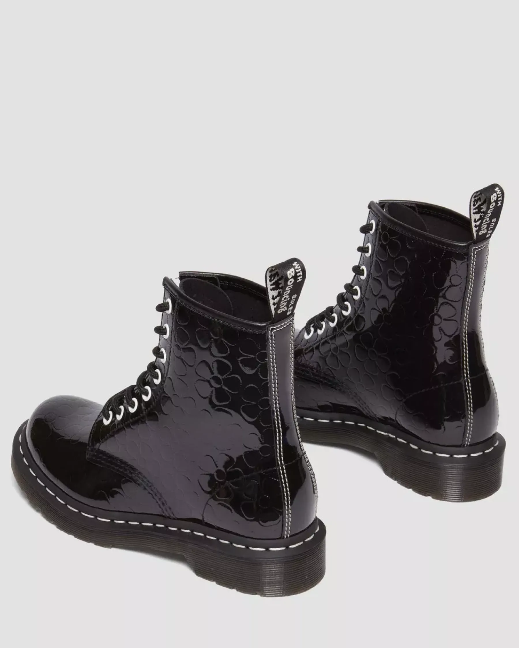 Glitter & Patent Boots>Dr. Martens 1460 Women's Flower Emboss Patent Leather Lace Up Boots Black