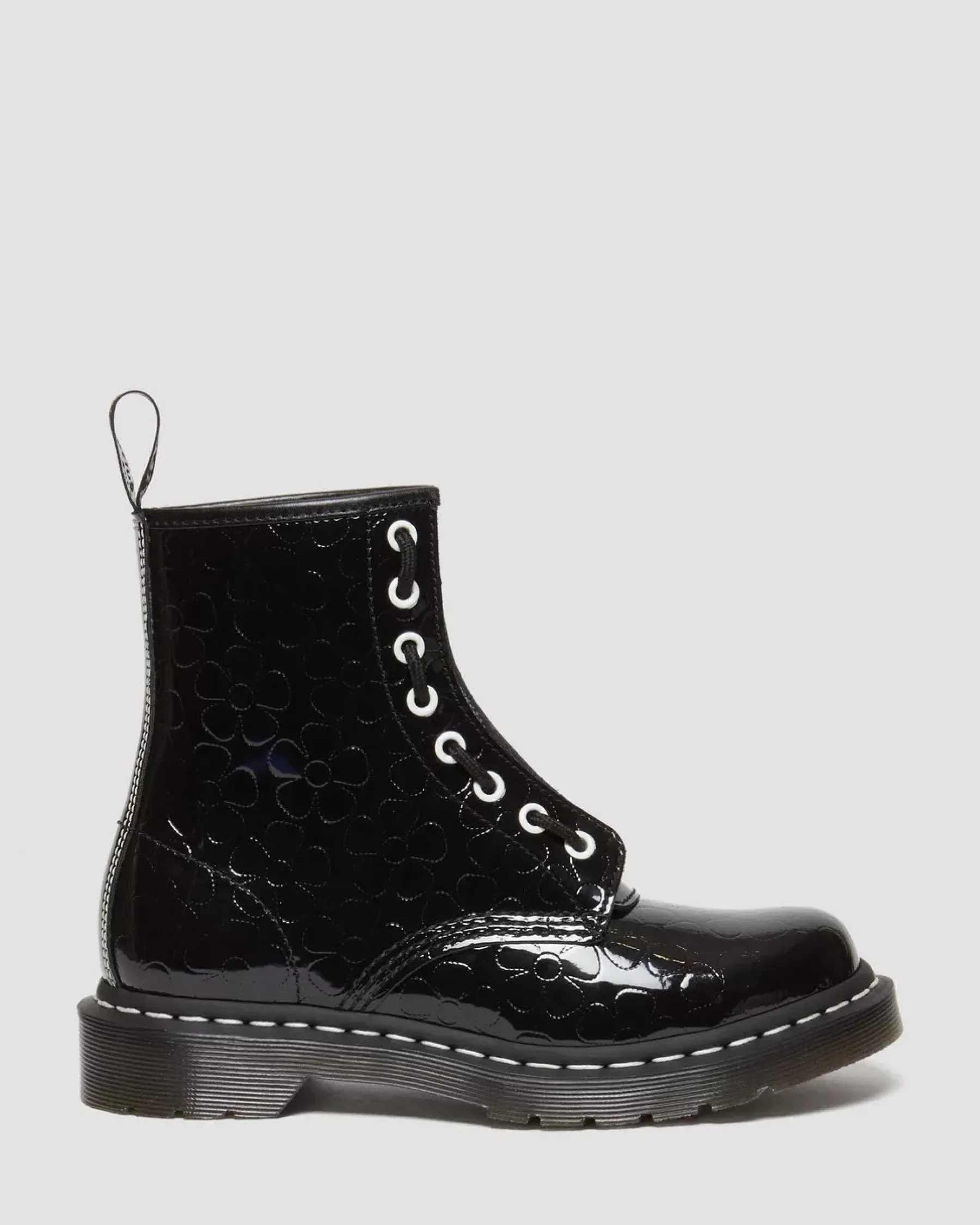 Glitter & Patent Boots>Dr. Martens 1460 Women's Flower Emboss Patent Leather Lace Up Boots Black