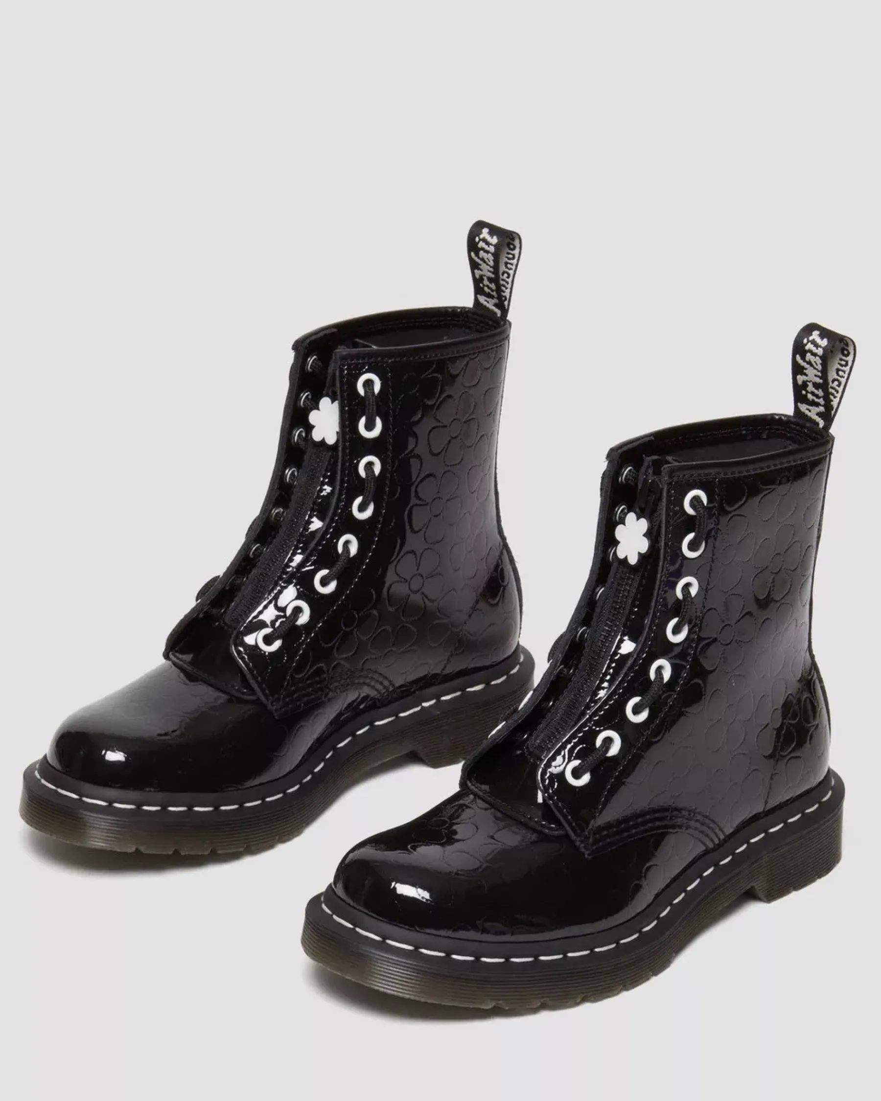 Glitter & Patent Boots>Dr. Martens 1460 Women's Flower Emboss Patent Leather Lace Up Boots Black