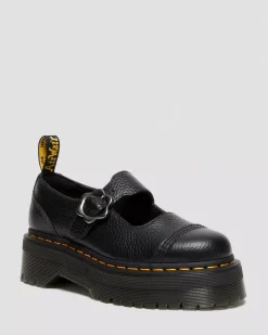 Bestsellers|Platform Shoes>Dr. Martens Addina Flower Buckle Leather Platform Shoes Black — Milled Nappa