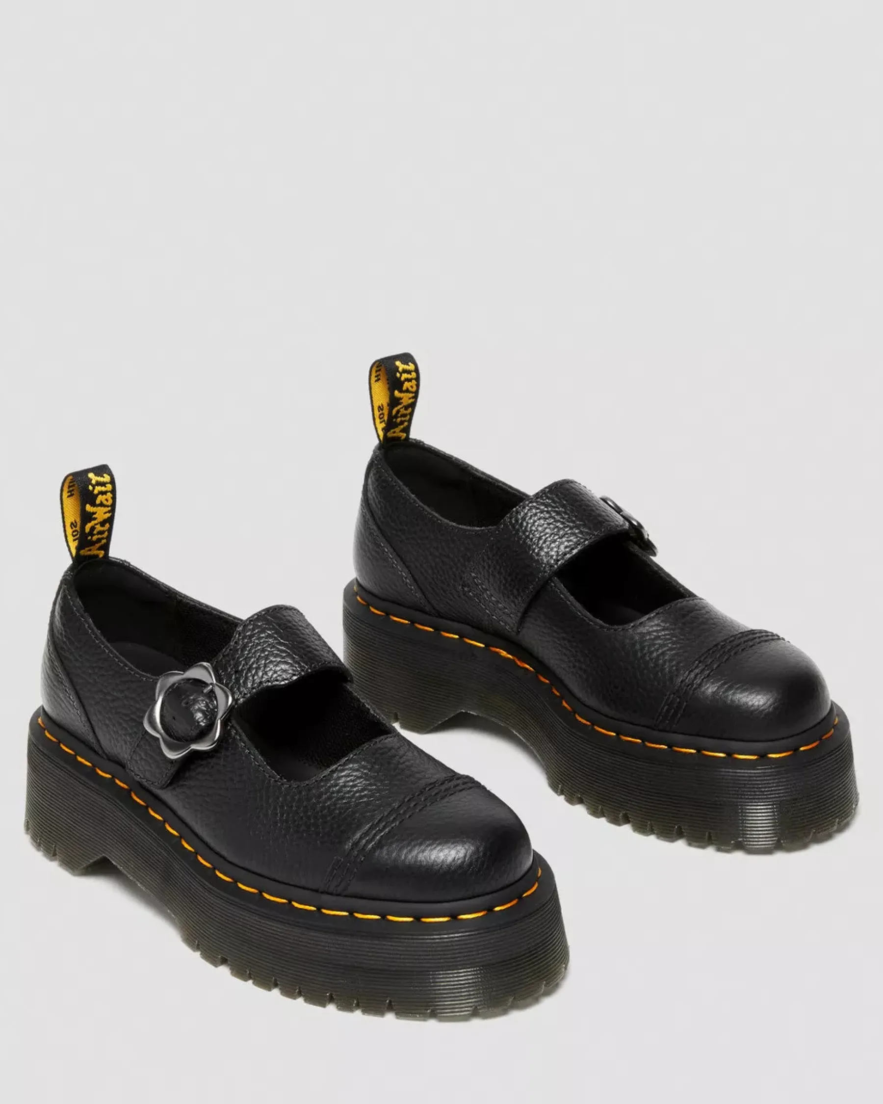 Bestsellers|Platform Shoes>Dr. Martens Addina Flower Buckle Leather Platform Shoes Black — Milled Nappa