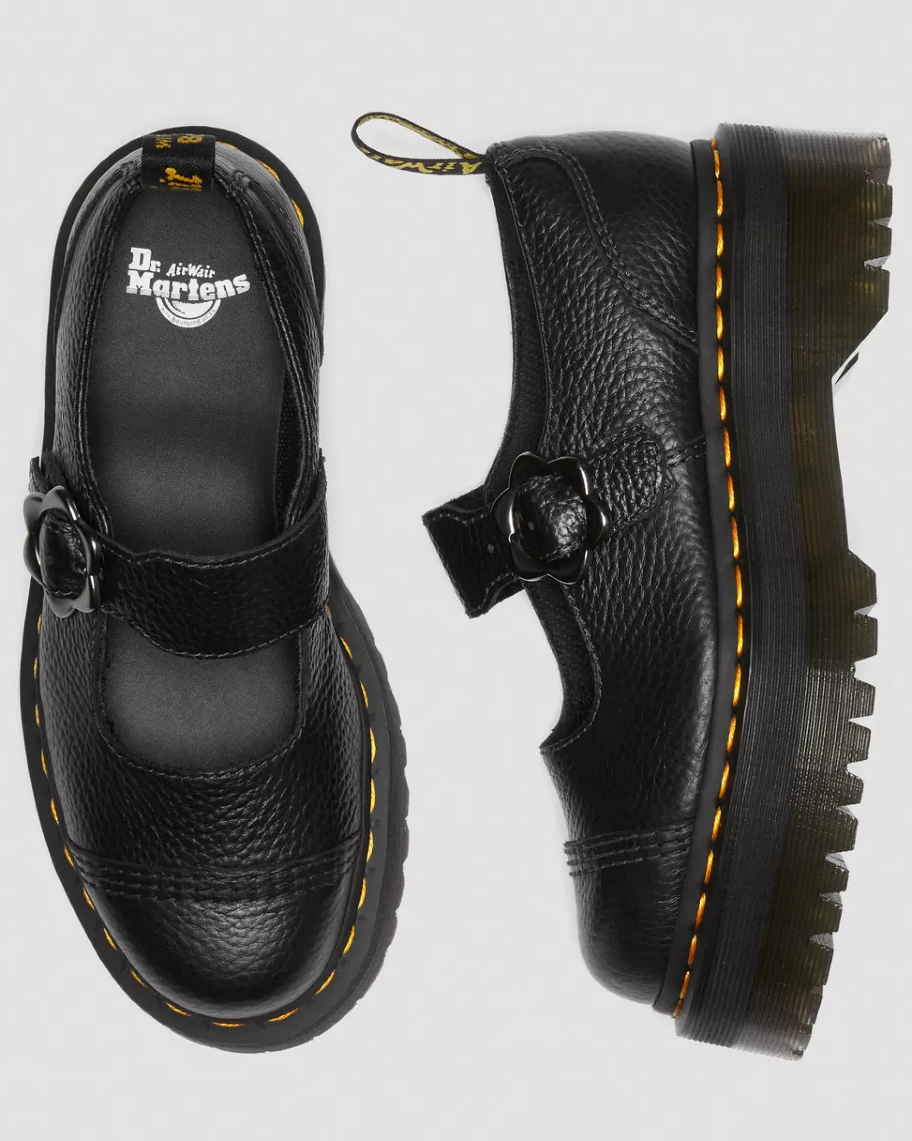Bestsellers|Platform Shoes>Dr. Martens Addina Flower Buckle Leather Platform Shoes Black — Milled Nappa