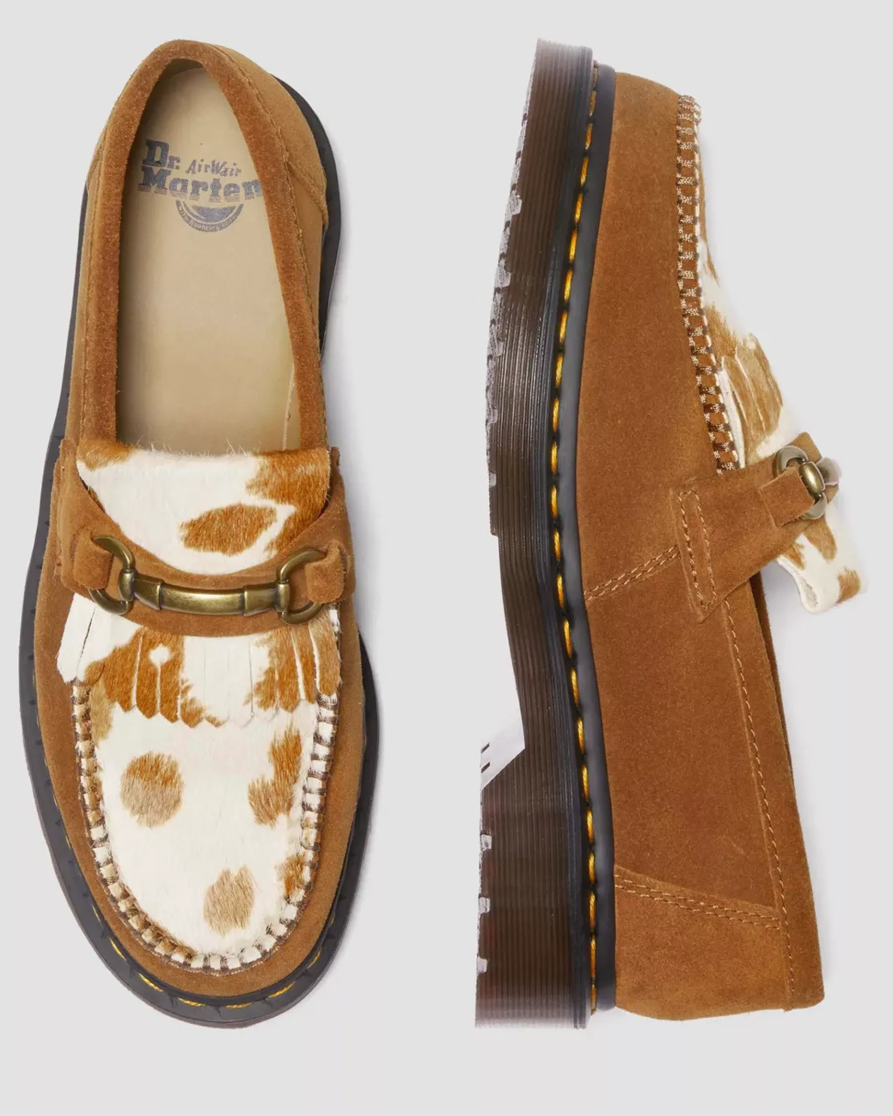 Sale|Originals>Dr. Martens Adrian Snaffle Hair-On Cow Print Kiltie Loafers PECAN BROWN+JERSEY COW PRINT — Repello Calf Suede + Hair On