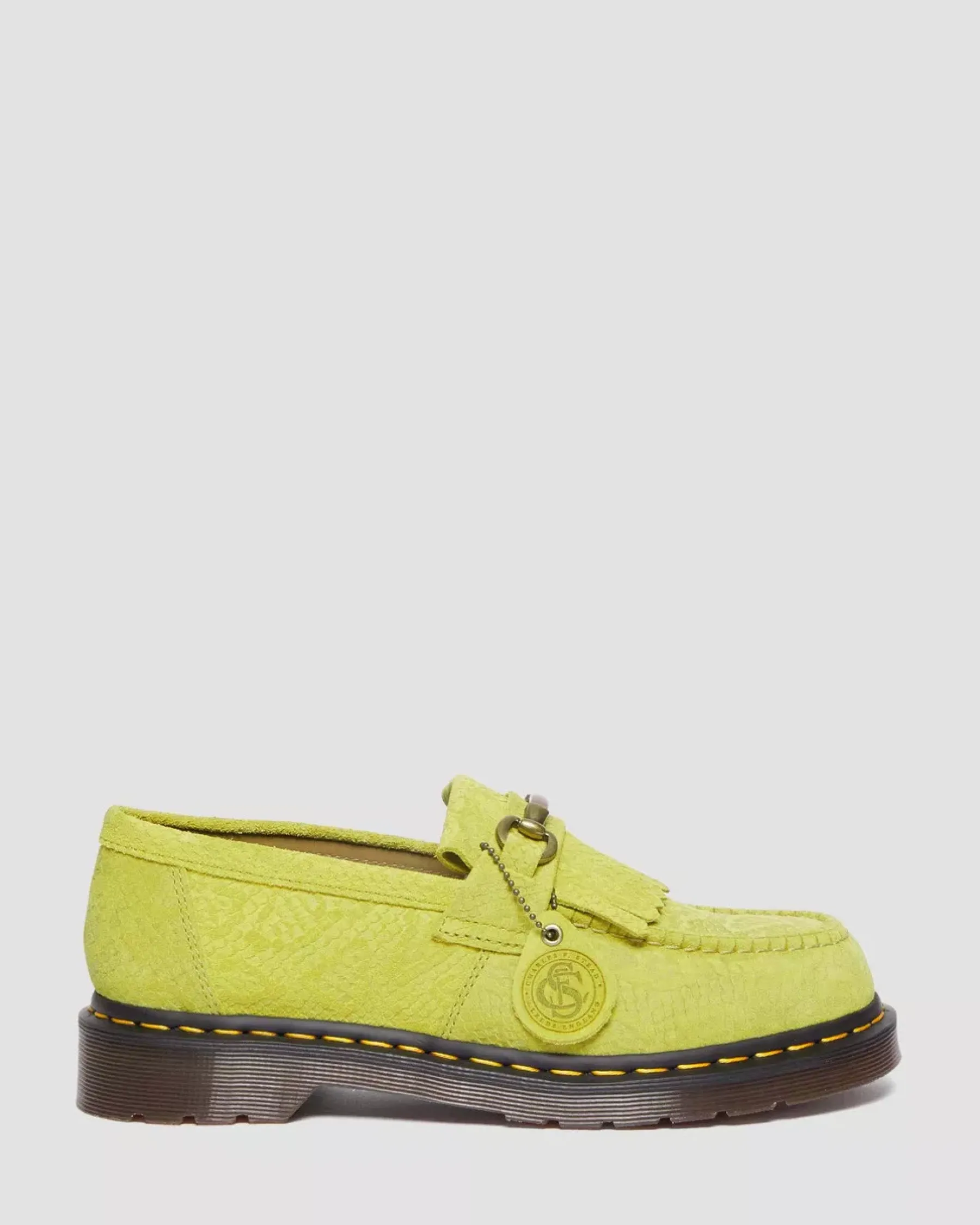 Sale|Originals>Dr. Martens Adrian Snaffle Repello Emboss Suede Kiltie Loafers MOSS GREEN — Repello Calf Suede Python Emboss