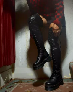 Sale|Platform Boots>Dr. Martens Audrick 22-Eye Extreme Lace Knee High Platform Botos Black — Nappa Lux