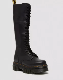 Platform Boots|Platforms>Dr. Martens Audrick 20-Eye Leather Knee High Platform Boots Black — Nappa Lux