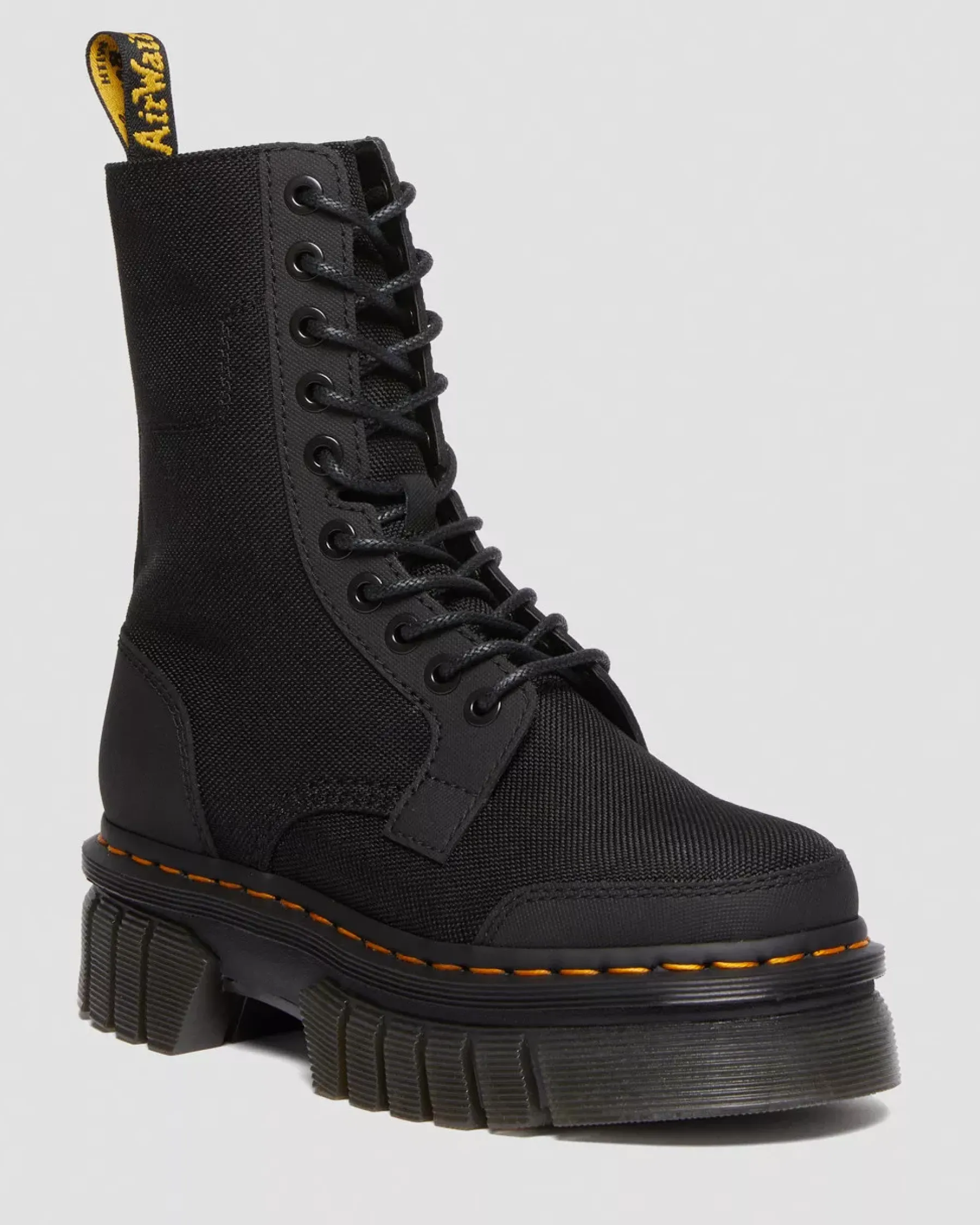Ankle Boots|Sale>Dr. Martens Audrick 10-Eye Poly & Leather Platform Boots Black — Ajax+Extra Tough 50/50