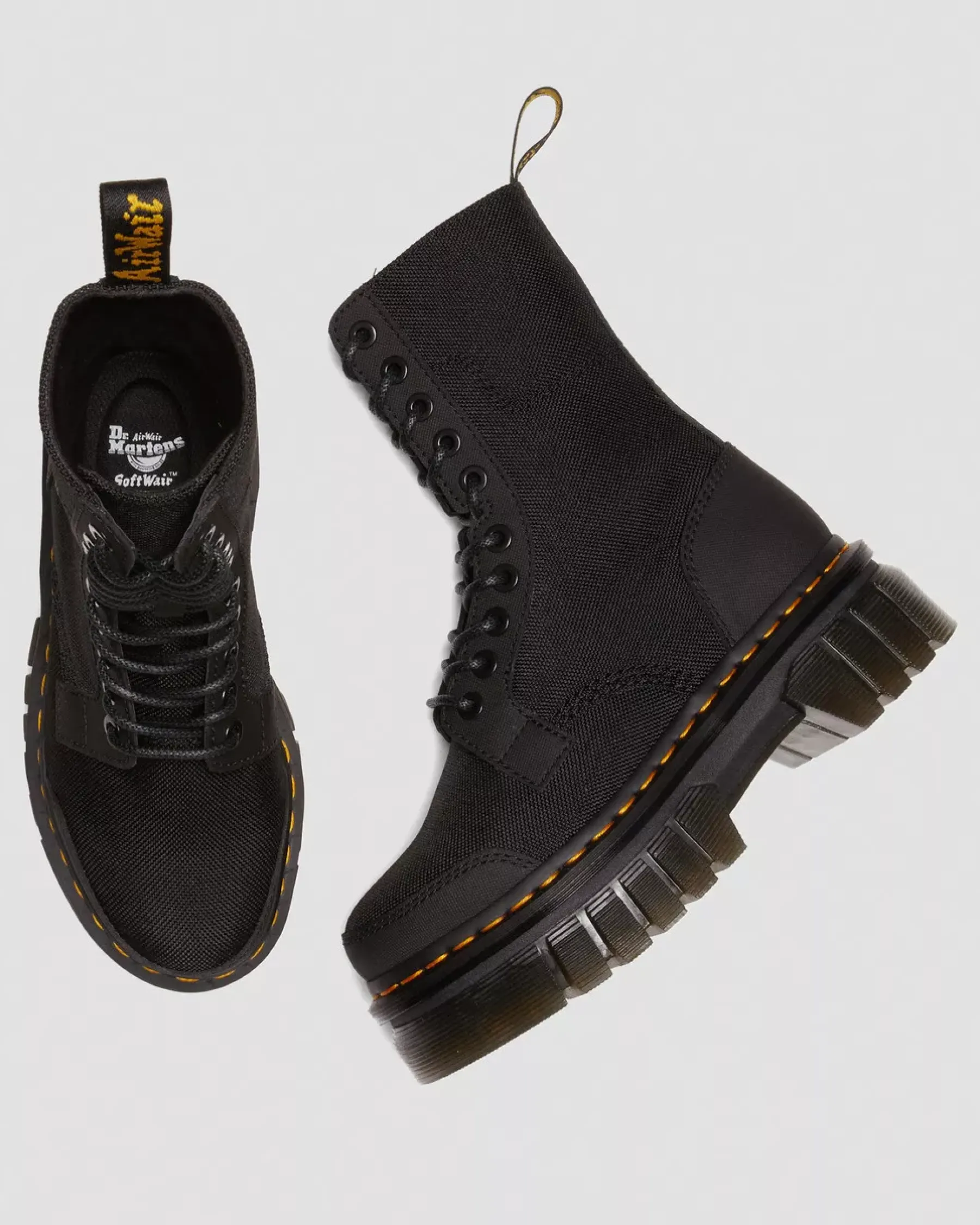 Ankle Boots|Sale>Dr. Martens Audrick 10-Eye Poly & Leather Platform Boots Black — Ajax+Extra Tough 50/50