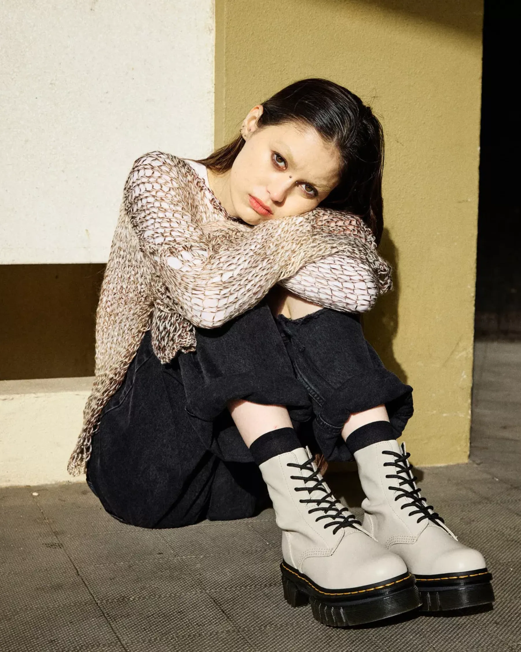 Platform Boots|Ankle Boots>Dr. Martens Audrick Nappa Leather Platform Ankle Boots Cobblestone Grey — Nappa Lux