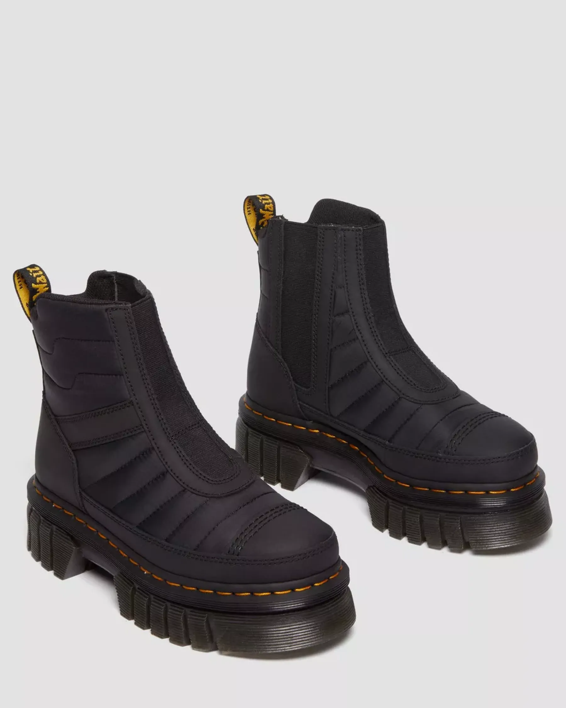 Platform Boots|Winter Boots>Dr. Martens Audrick Quilted Platform Chelsea Boots BLACK — Rubberised Leather+Warm Quilted