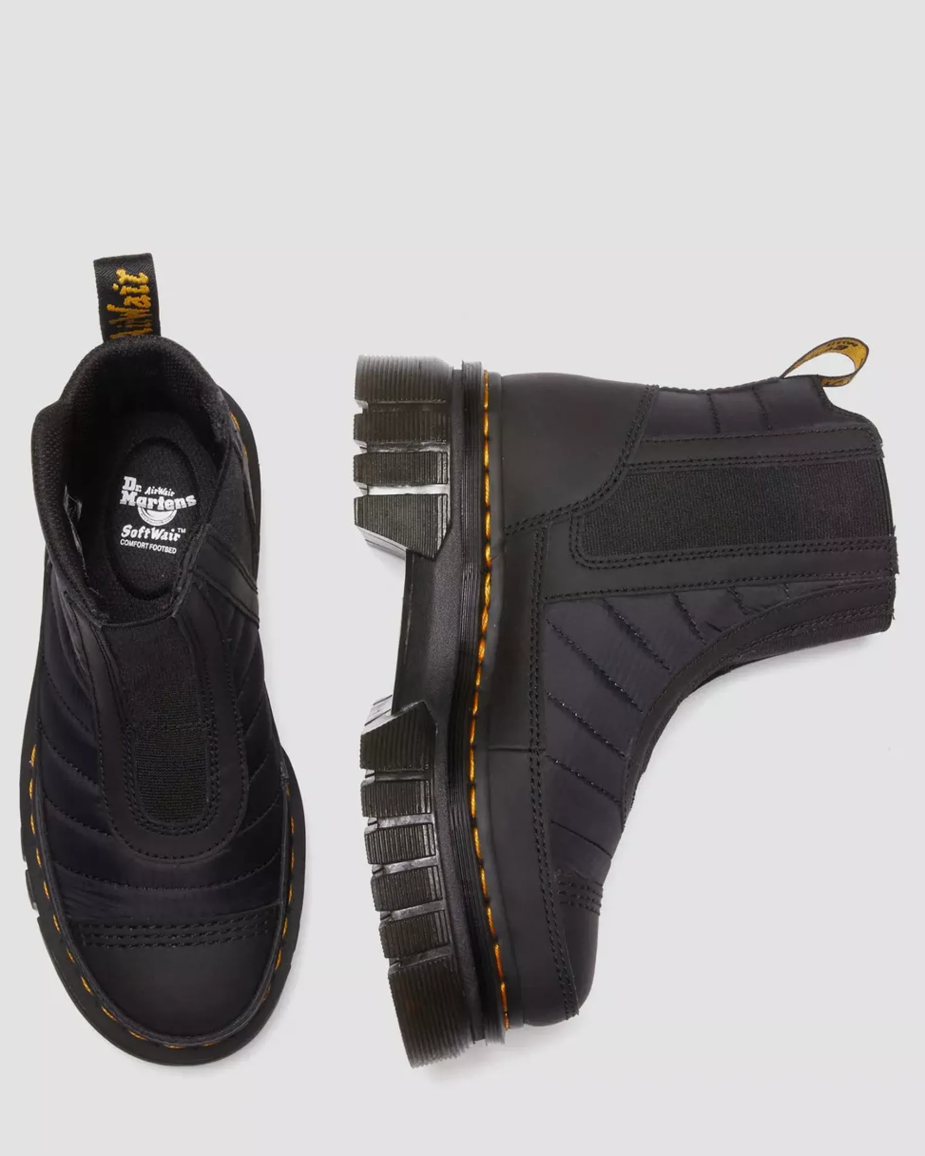 Platform Boots|Winter Boots>Dr. Martens Audrick Quilted Platform Chelsea Boots BLACK — Rubberised Leather+Warm Quilted