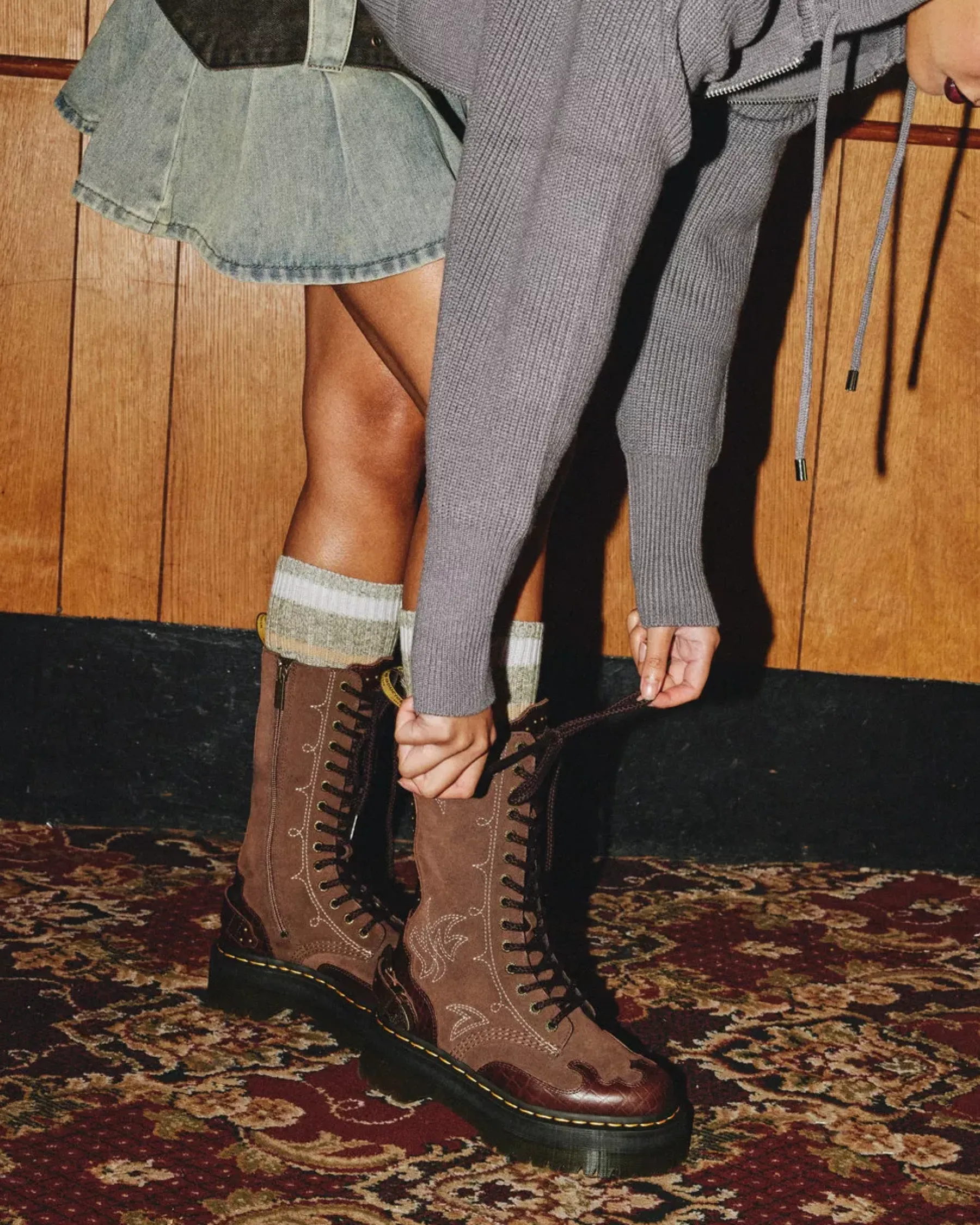 Platform Boots|Platforms>Dr. Martens 1B99 Gothic Americana Leather Mid Calf Platform Boots Dark Brown