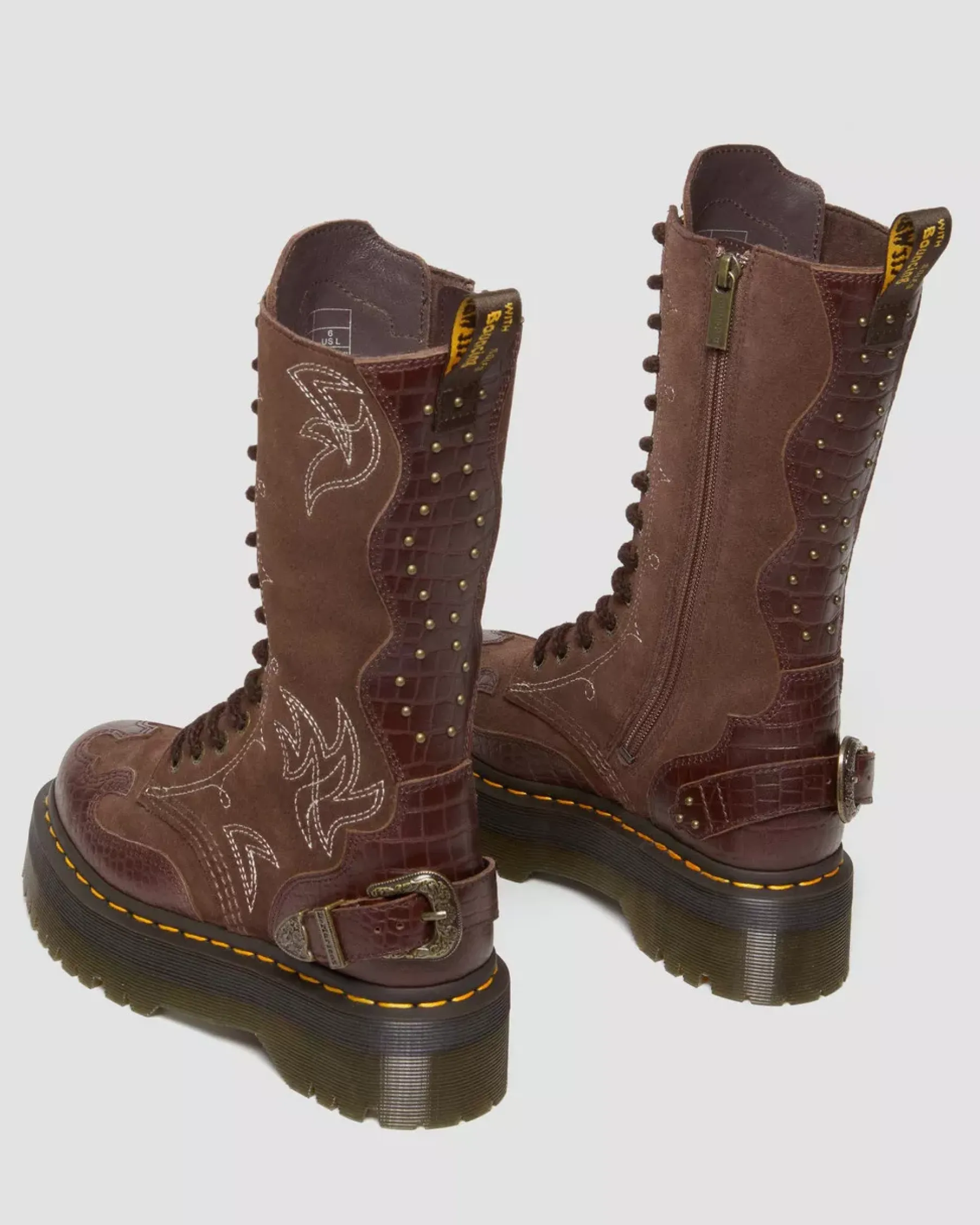 Platform Boots|Platforms>Dr. Martens 1B99 Gothic Americana Leather Mid Calf Platform Boots Dark Brown