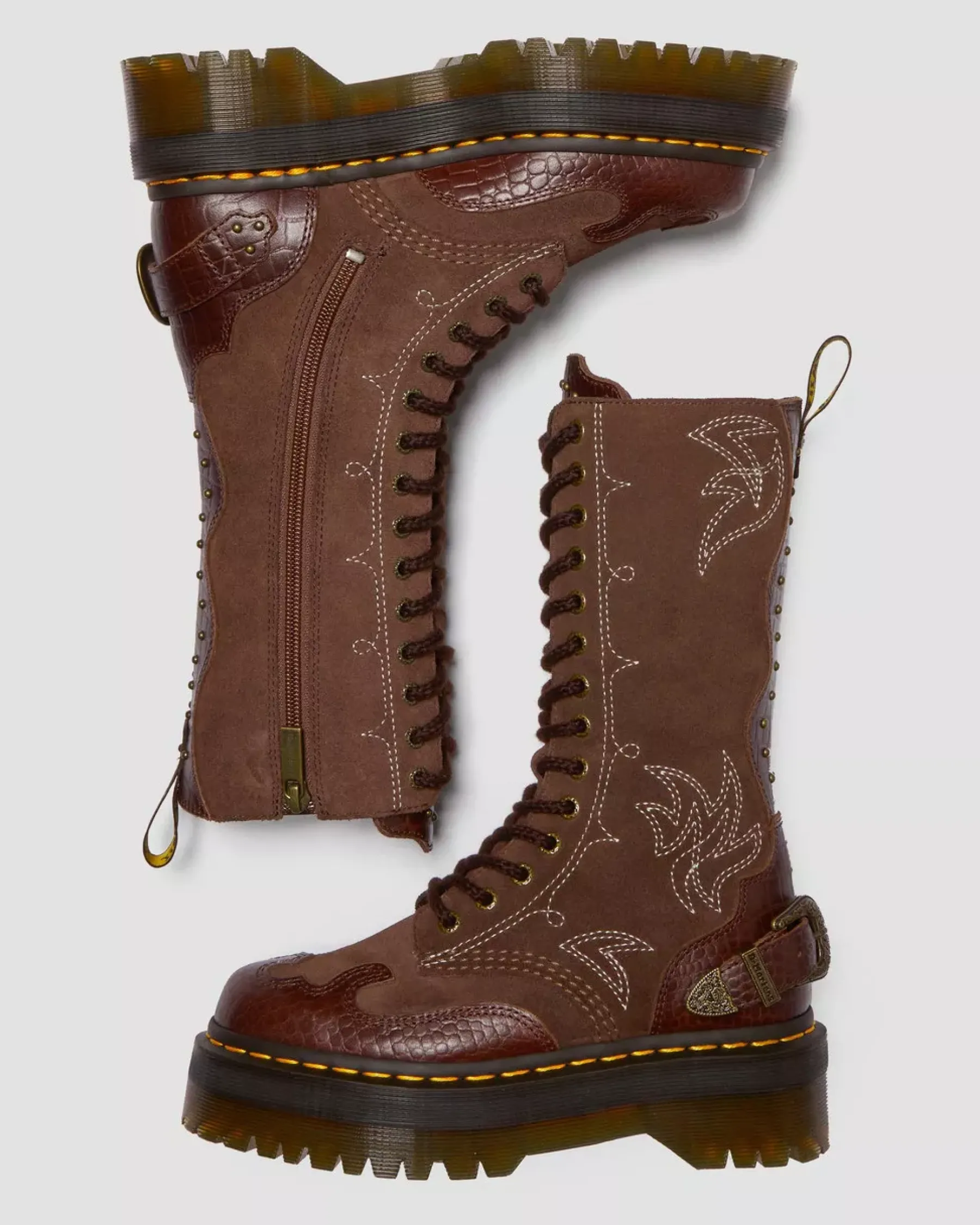 Platform Boots|Platforms>Dr. Martens 1B99 Gothic Americana Leather Mid Calf Platform Boots Dark Brown