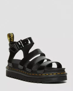 Platform Sandals|Strap Sandals>Dr. Martens Blaire Patent Leather Strap Sandals Black — Patent Leather