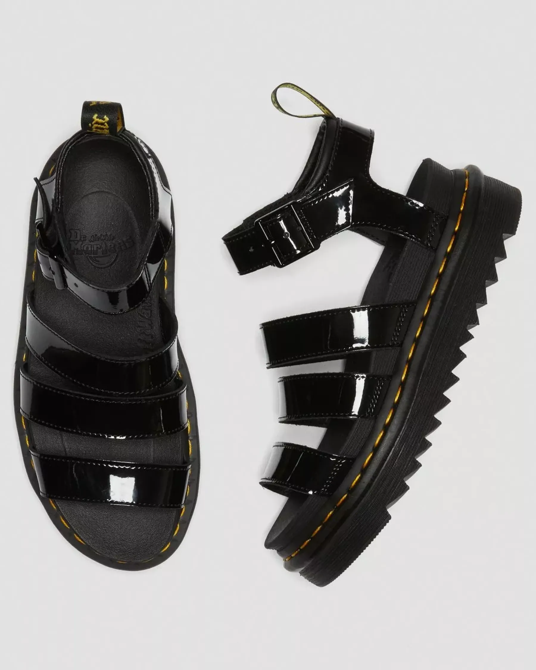 Platform Sandals|Strap Sandals>Dr. Martens Blaire Patent Leather Strap Sandals Black — Patent Leather