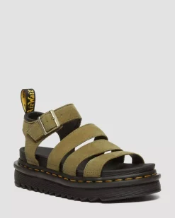Strap Sandals|Sandals>Dr. Martens Blaire Tumbled Nubuck Leather Sandals Muted Olive — Tumbled Nubuck