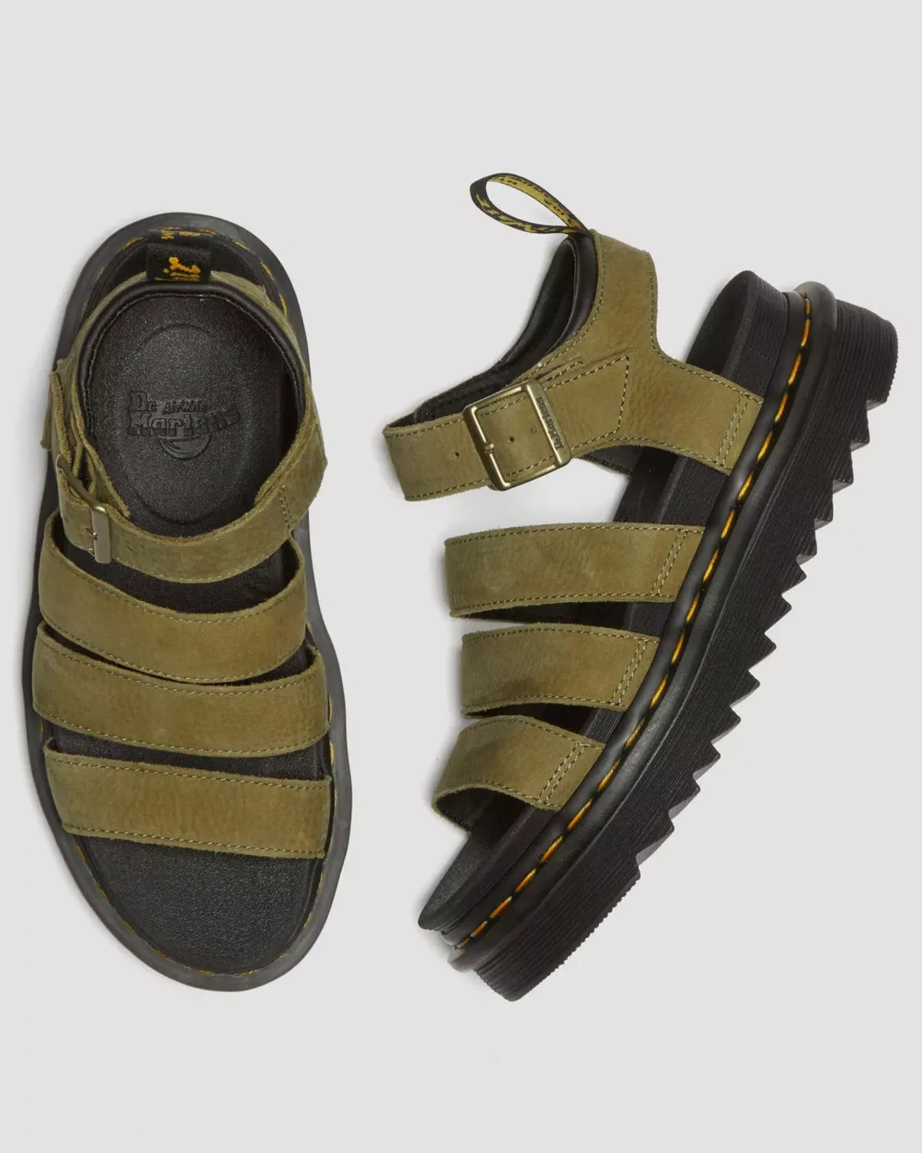 Strap Sandals|Sandals>Dr. Martens Blaire Tumbled Nubuck Leather Sandals Muted Olive — Tumbled Nubuck