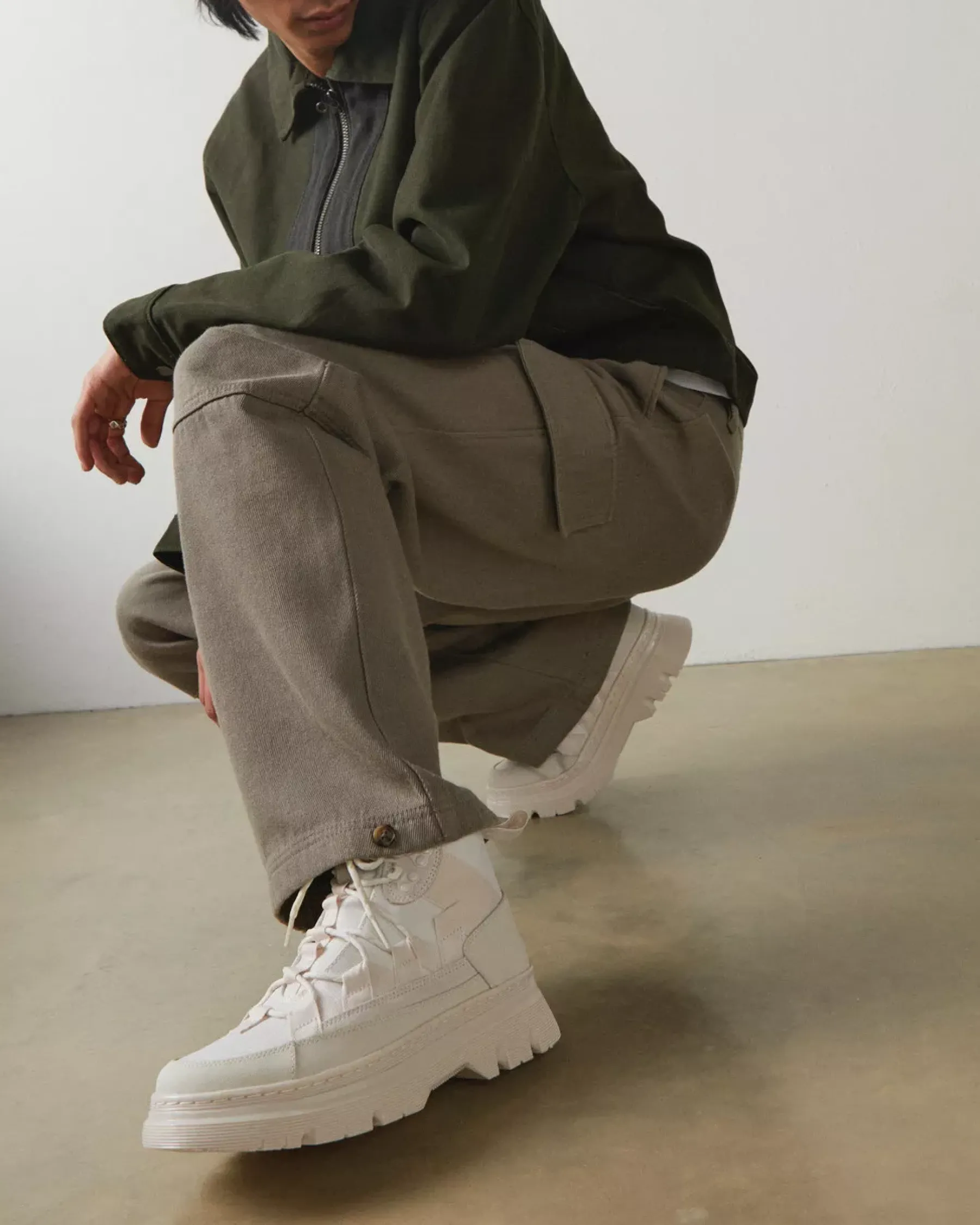 Casual Boots|Ankle Boots>Dr. Martens Boury Poly & Leather Casual Boots BONE — Poly Ripstop + Eh Suede + Ajax