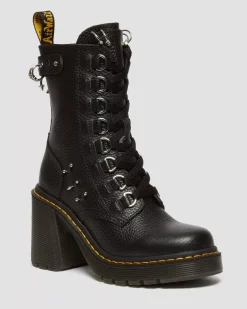 Heeled Boots|Boots>Dr. Martens Chesney Piercing Leather Flared Heel Lace Up Boots Black — Milled Nappa