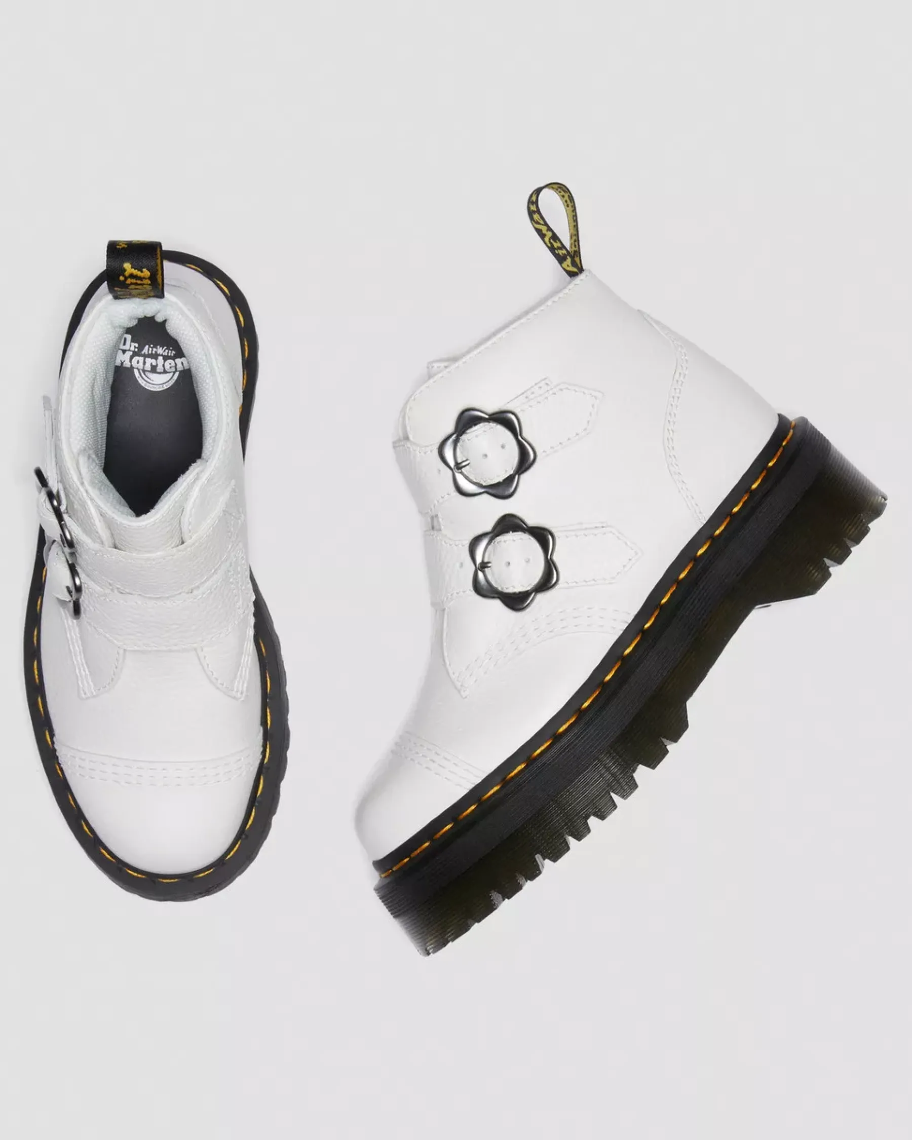 Sale|Platform Boots>Dr. Martens Devon Flower Buckle Leather Platform Boots White — Milled Nappa