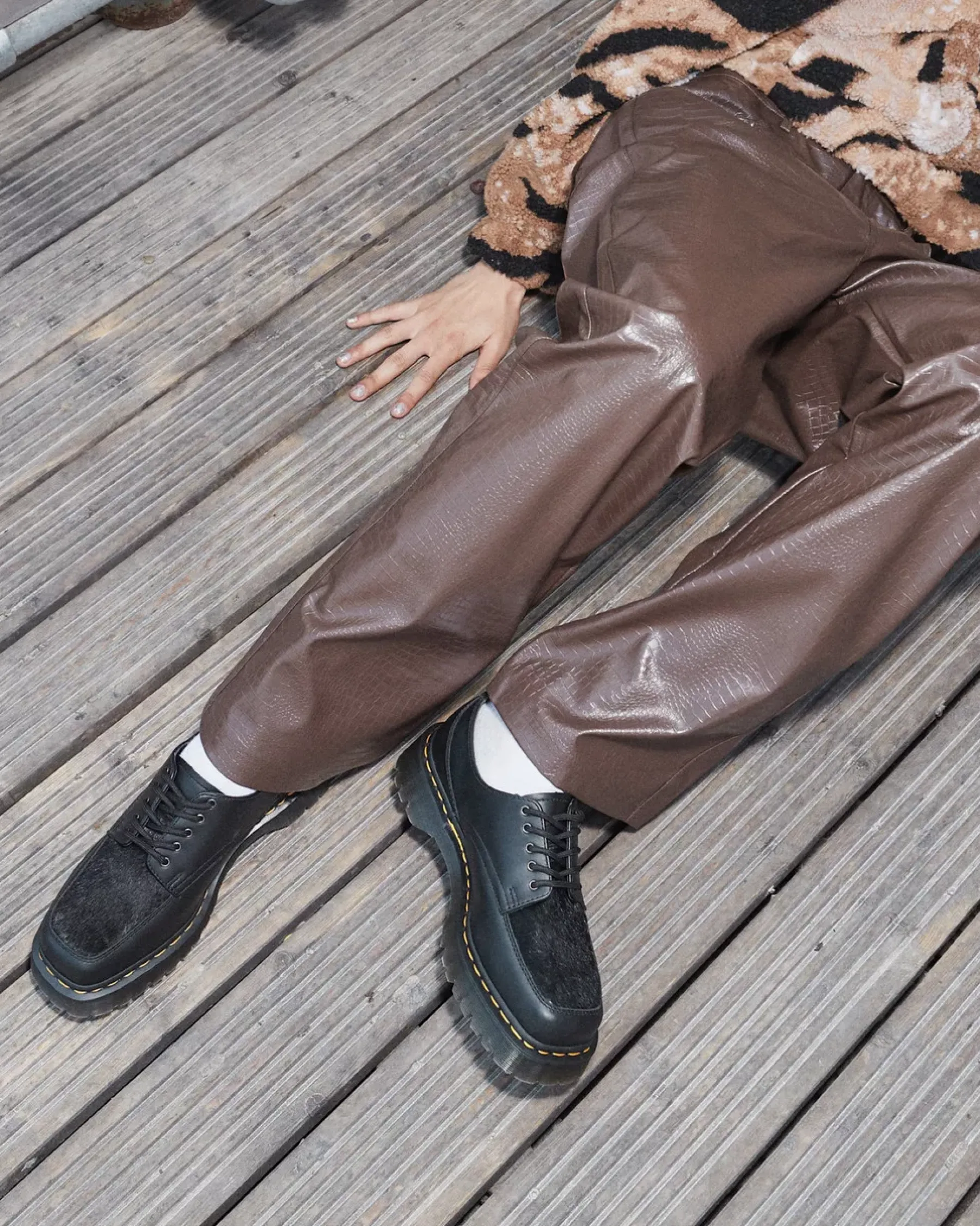 Sale|Oxfords>Dr. Martens 5-Eye Bex Square Toe Hair-On & Leather Shoes BLACK — Lucido + Hair On
