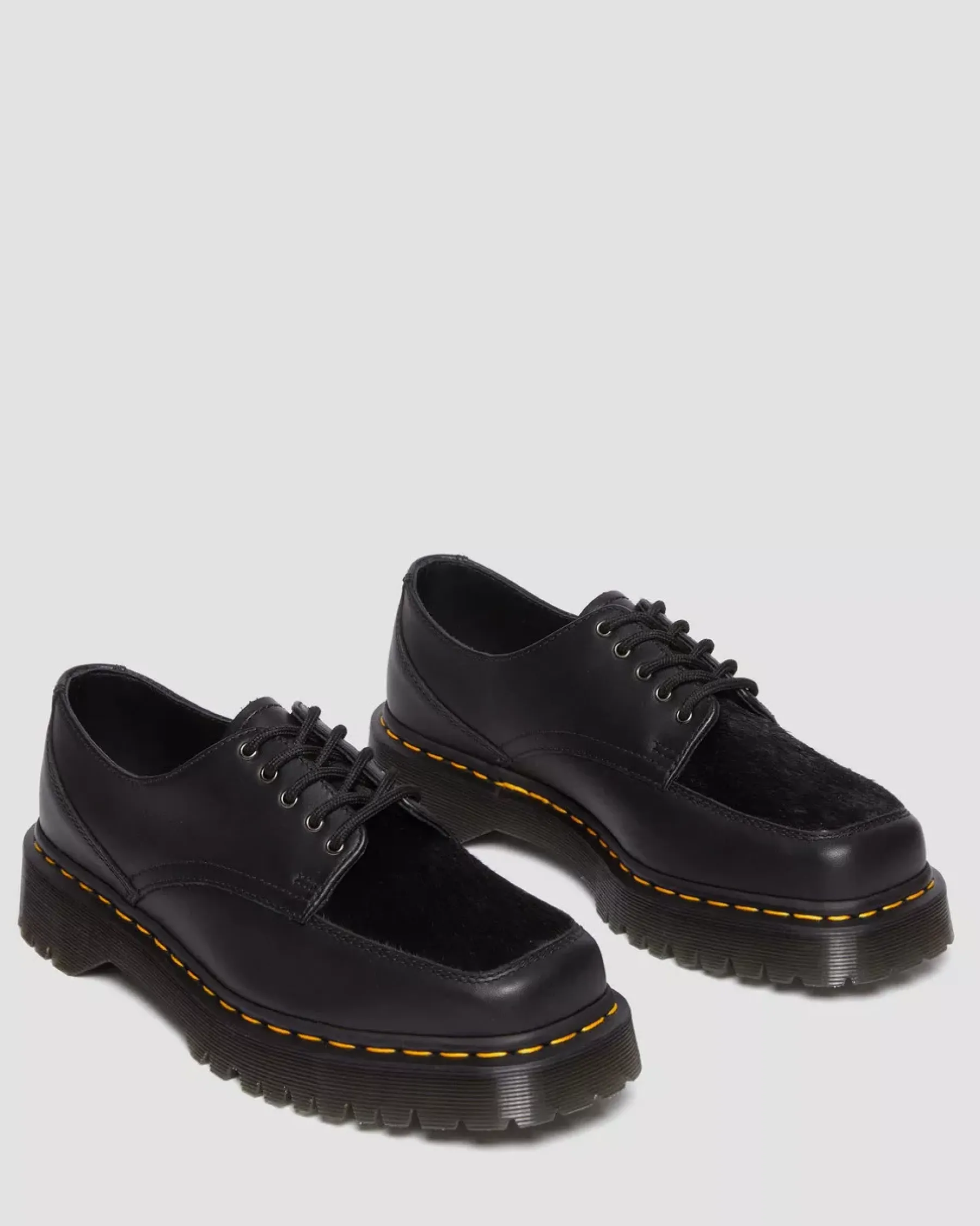 Sale|Oxfords>Dr. Martens 5-Eye Bex Square Toe Hair-On & Leather Shoes BLACK — Lucido + Hair On