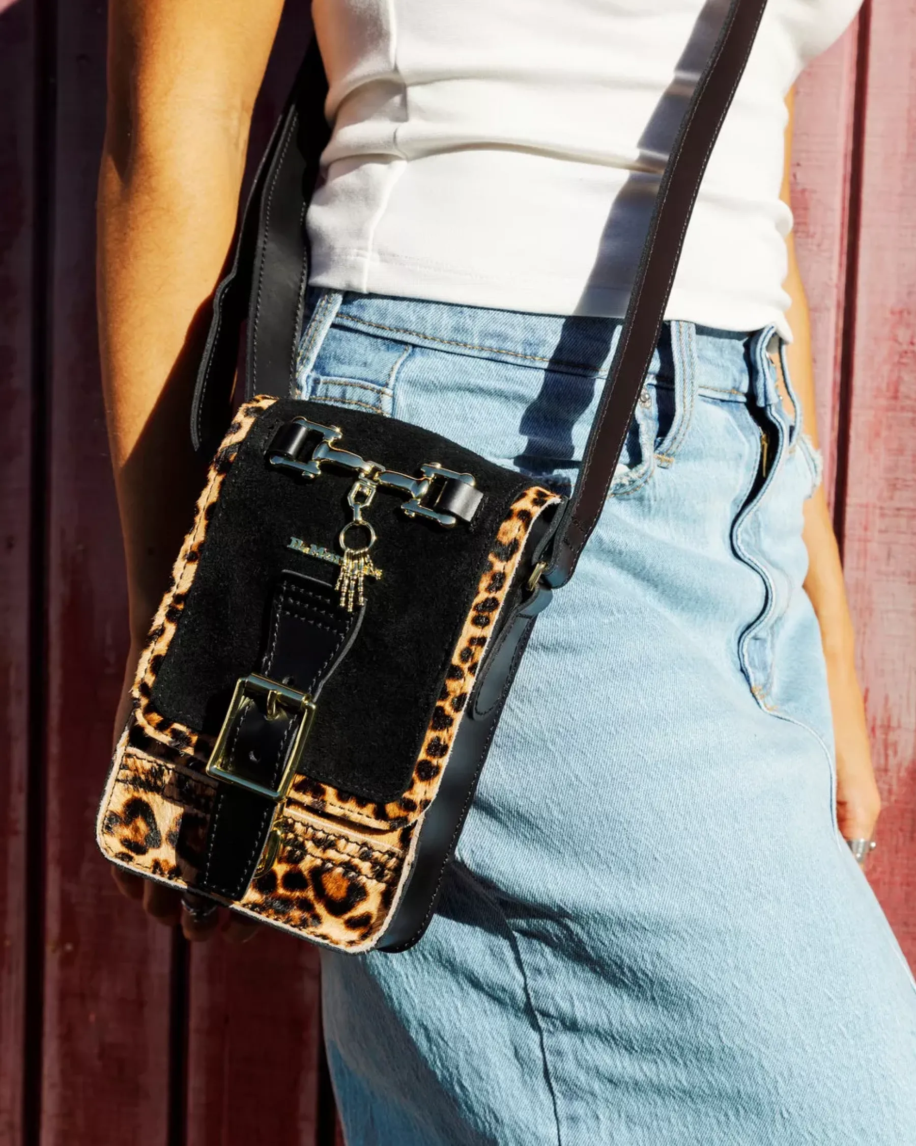 Accessories|Bags>Dr. Martens Hair-On Leopard Print Vertical Crossbody Bag Black