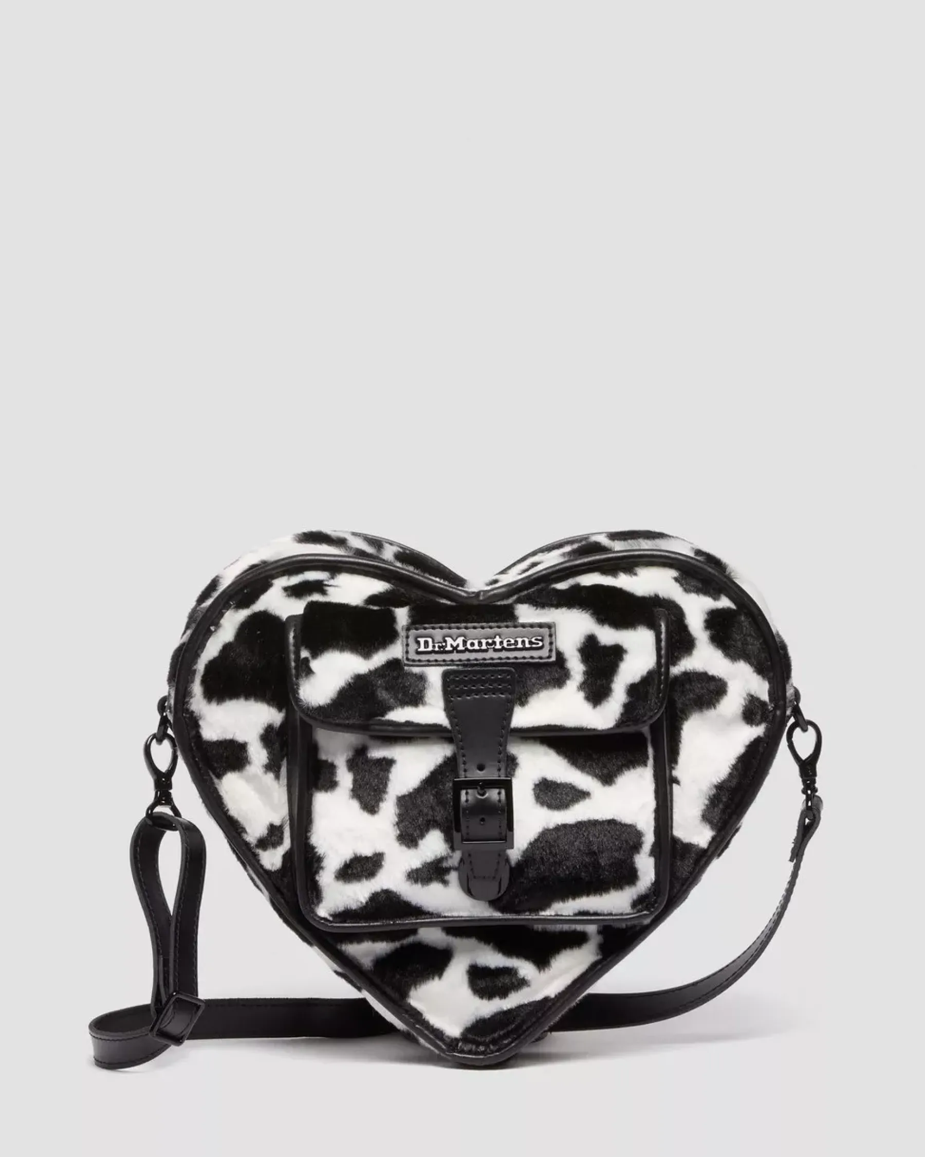 Accessories|Bags>Dr. Martens Heart Shaped Faux Fur Cow Print Backpack BLACK+WHITE — Cow Print + Kiev