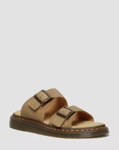 Sandals|Sandals>Dr. Martens Josef Nubuck Leather Buckle Slide Sandals Savannah Tan — Tumbled Nubuck