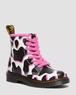 Sale|Glitter & Patent Boots>Dr. Martens Junior 1460 Cow Print Patent Leather Lace Up Boots WHITE — Cow Print Patent Lamper
