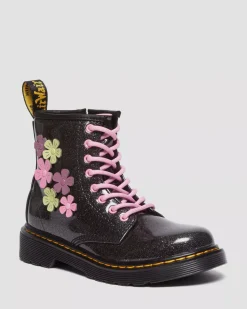 School Styles|Junior / 5-7 Years>Dr. Martens Junior 1460 Glitter & Flower Applique Lace Up Boots Black+Multi — Coated Glitter Pu+Athena