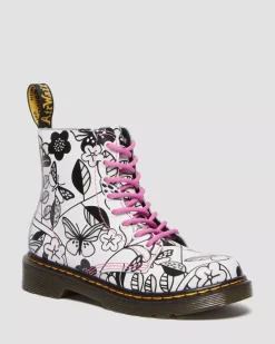 Sale|School Styles>Dr. Martens Junior 1460 Meadow Print Leather Lace Up Boots WHITE