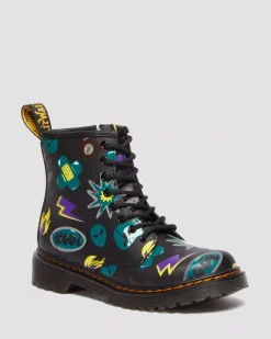 Sale|School Styles>Dr. Martens Junior 1460 Sticker Print Leather Lace Up Boots BLACK — Sticker Print Hydro