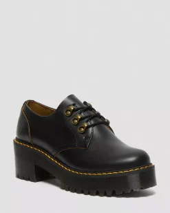 Platform Shoes|Heeled Boots>Dr. Martens Leona Lo Vintage Smooth Leather Heeled Shoes Black — Vintage Smooth