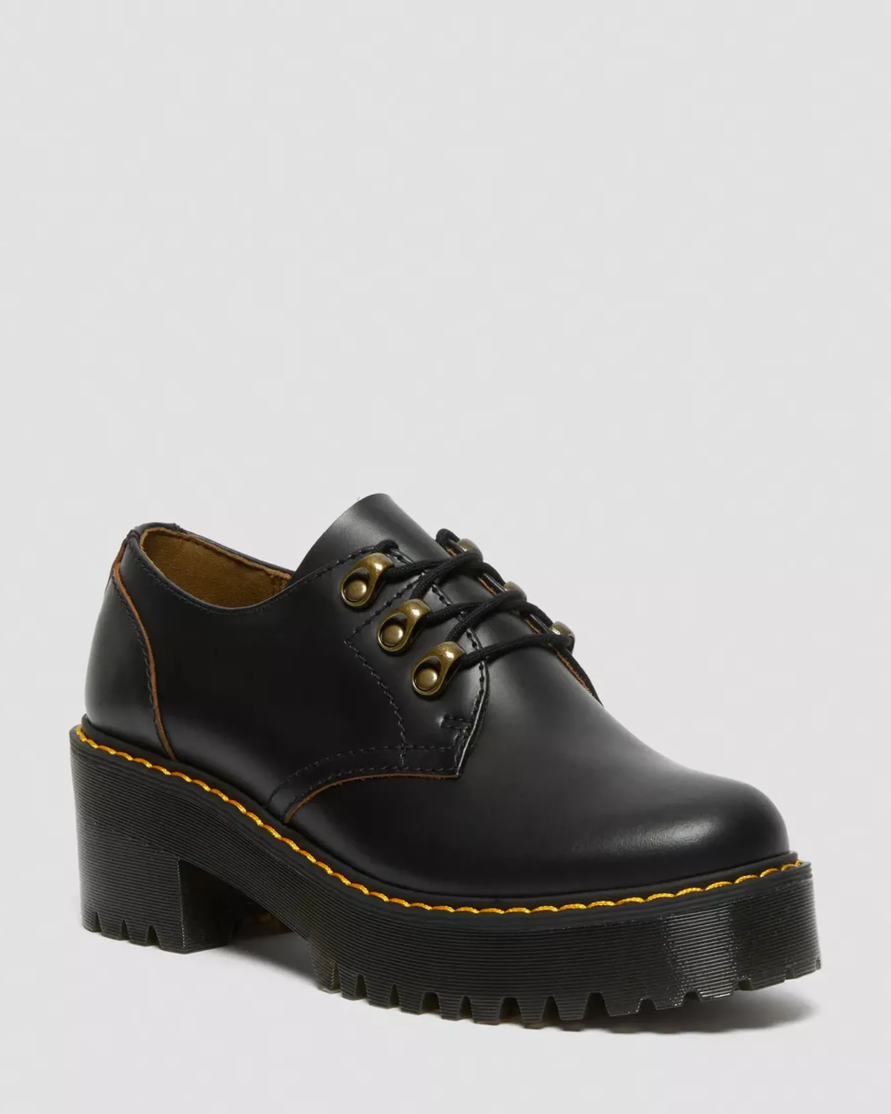 Platform Shoes|Heeled Boots>Dr. Martens Leona Lo Vintage Smooth Leather Heeled Shoes Black — Vintage Smooth