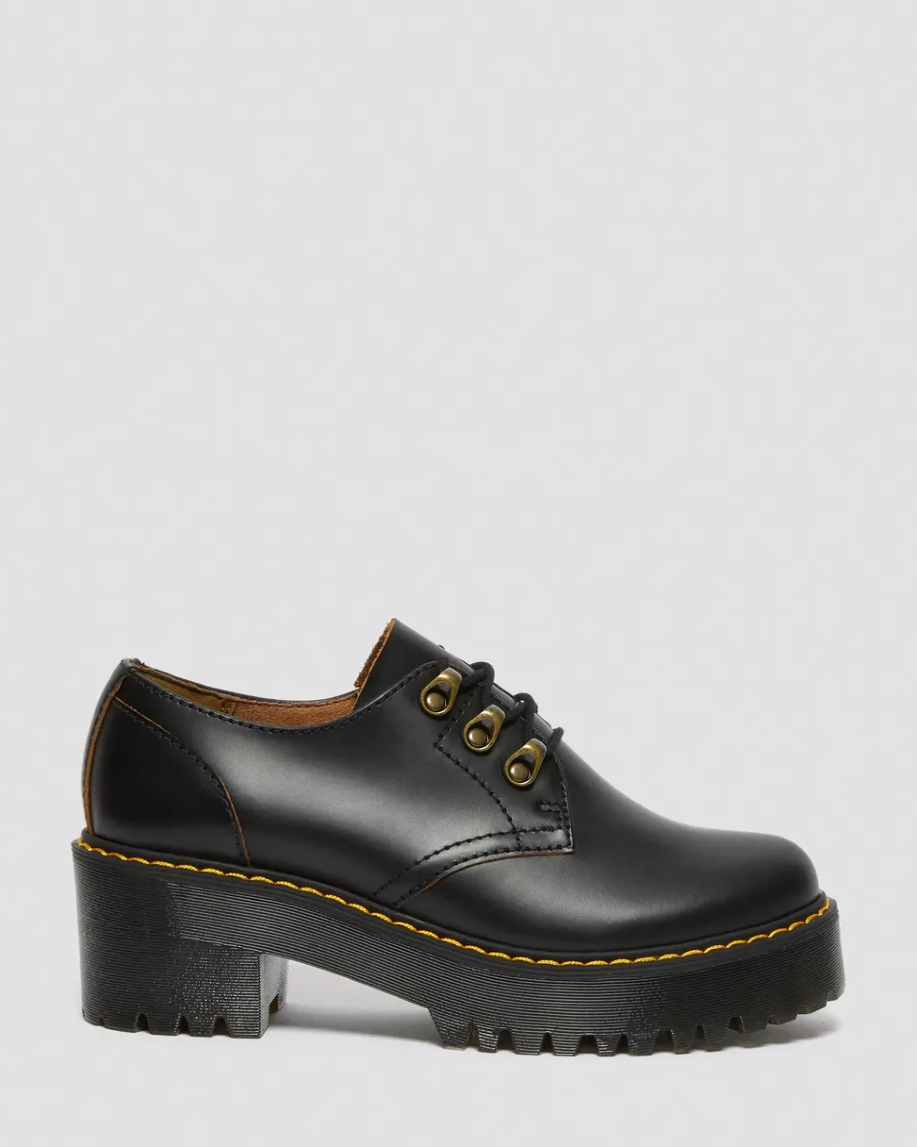 Platform Shoes|Heeled Boots>Dr. Martens Leona Lo Vintage Smooth Leather Heeled Shoes Black — Vintage Smooth