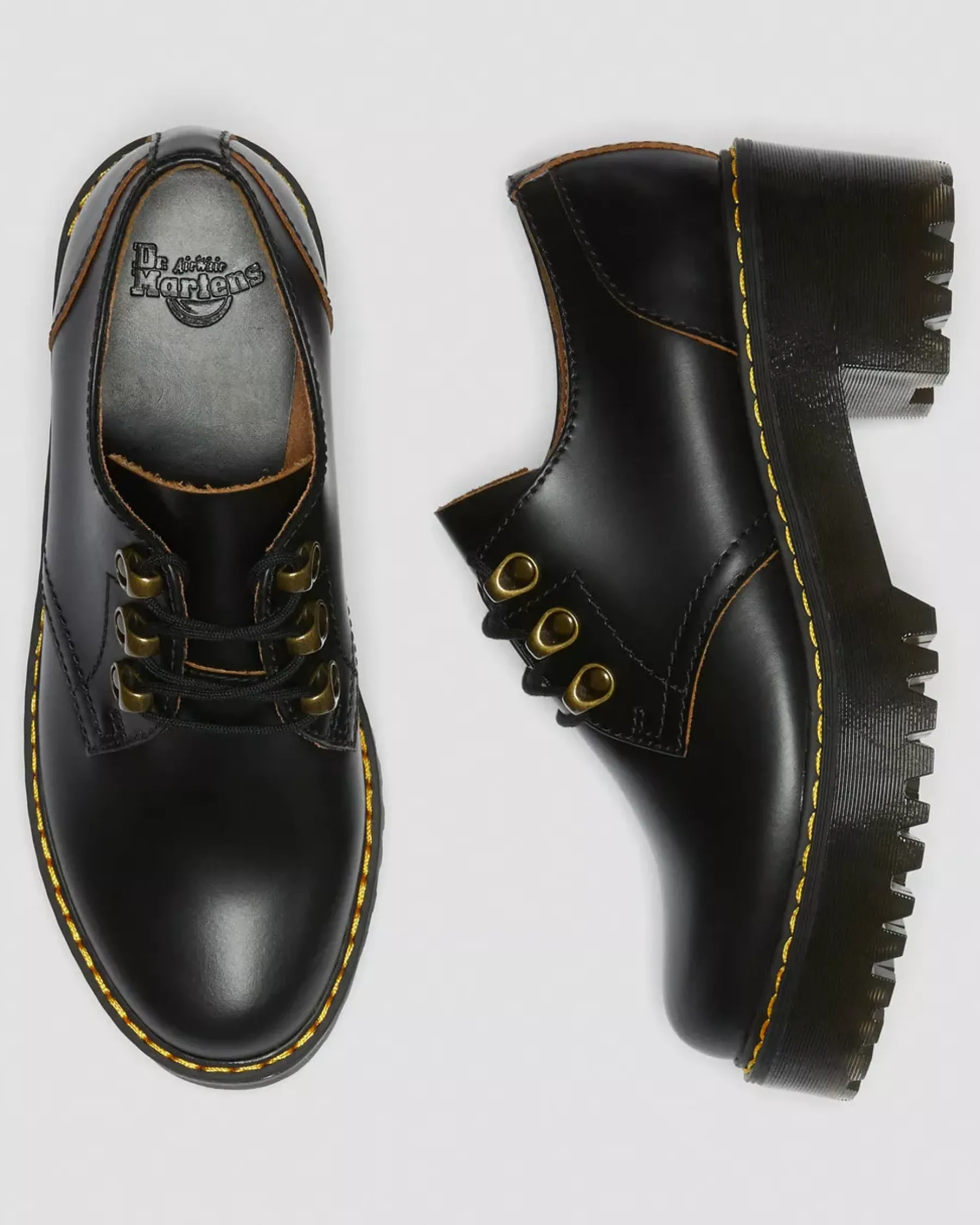 Platform Shoes|Heeled Boots>Dr. Martens Leona Lo Vintage Smooth Leather Heeled Shoes Black — Vintage Smooth