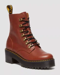 Platform Boots|Heeled Boots>Dr. Martens Leona Women's Farrier Leather Heeled Boots Tan — Farrier