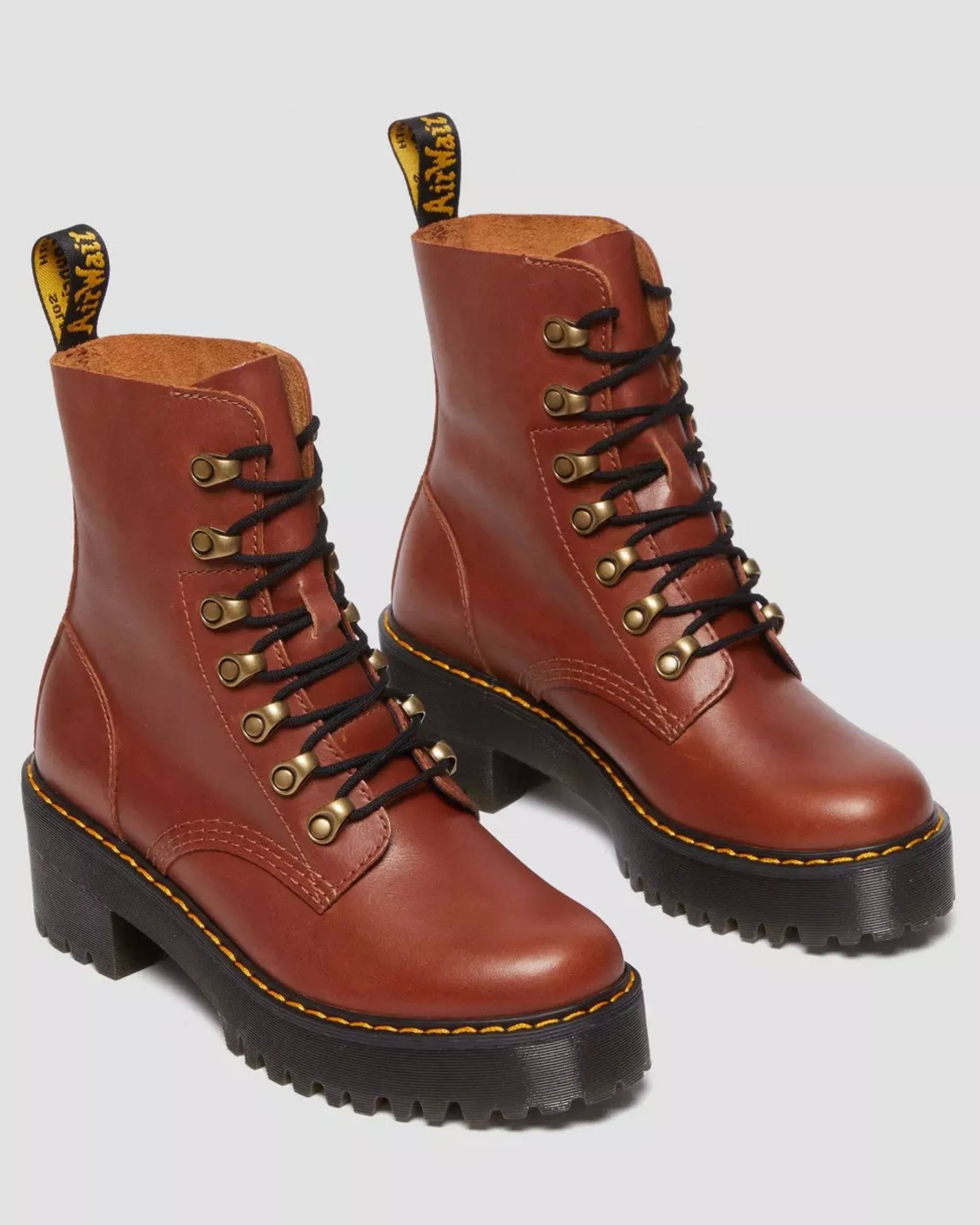 Platform Boots|Heeled Boots>Dr. Martens Leona Women's Farrier Leather Heeled Boots Tan — Farrier