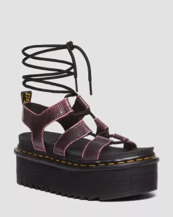 Platform Sandals|Strap Sandals>Dr. Martens Nartilla Distressed Leather Platform Gladiator Sandals Black+Fondant Pink — Two Tone Rub Off