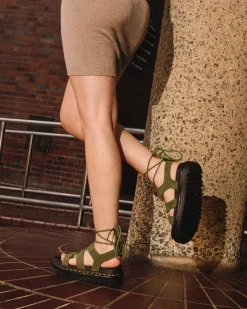 Platform Sandals|Platforms>Dr. Martens Nartilla Tumbled Nubuck Leather Gladiator Sandals Muted Olive — Tumbled Nubuck
