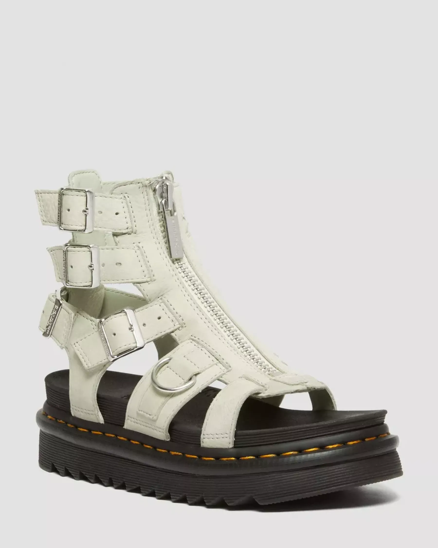 Platform Sandals|Strap Sandals>Dr. Martens Olson Tumbled Nubuck Leather Gladiator Zip Sandals Smoked Mint — Tumbled Nubuck