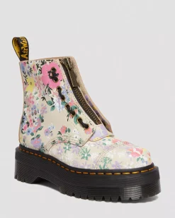 Sale|Platform Boots>Dr. Martens Sinclair Floral Mash Up Leather Platform Boots Parchment Beige — Backhand